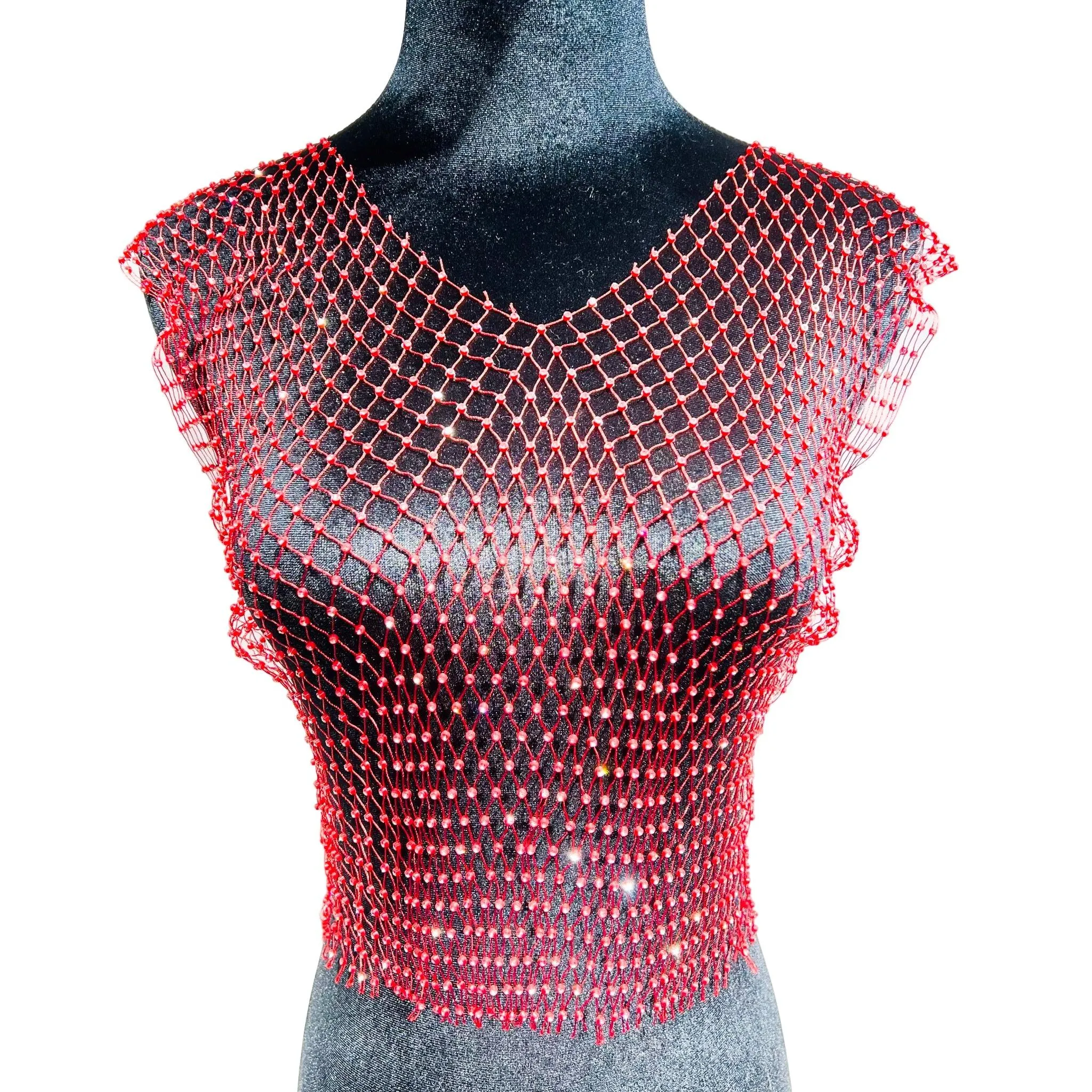 Mesh Crop Top Rhinestones Party See Through Fishnet