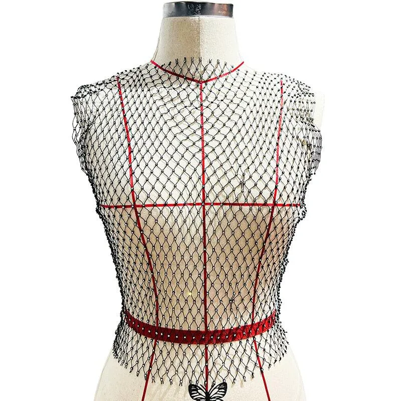 Mesh Crop Top Rhinestones Party See Through Fishnet