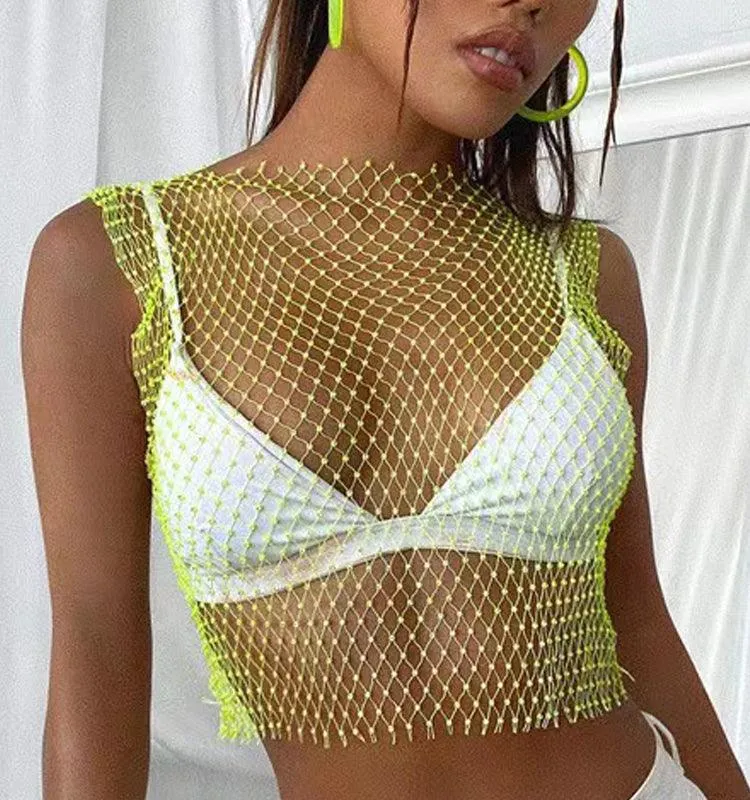 Mesh Crop Top Rhinestones Party See Through Fishnet