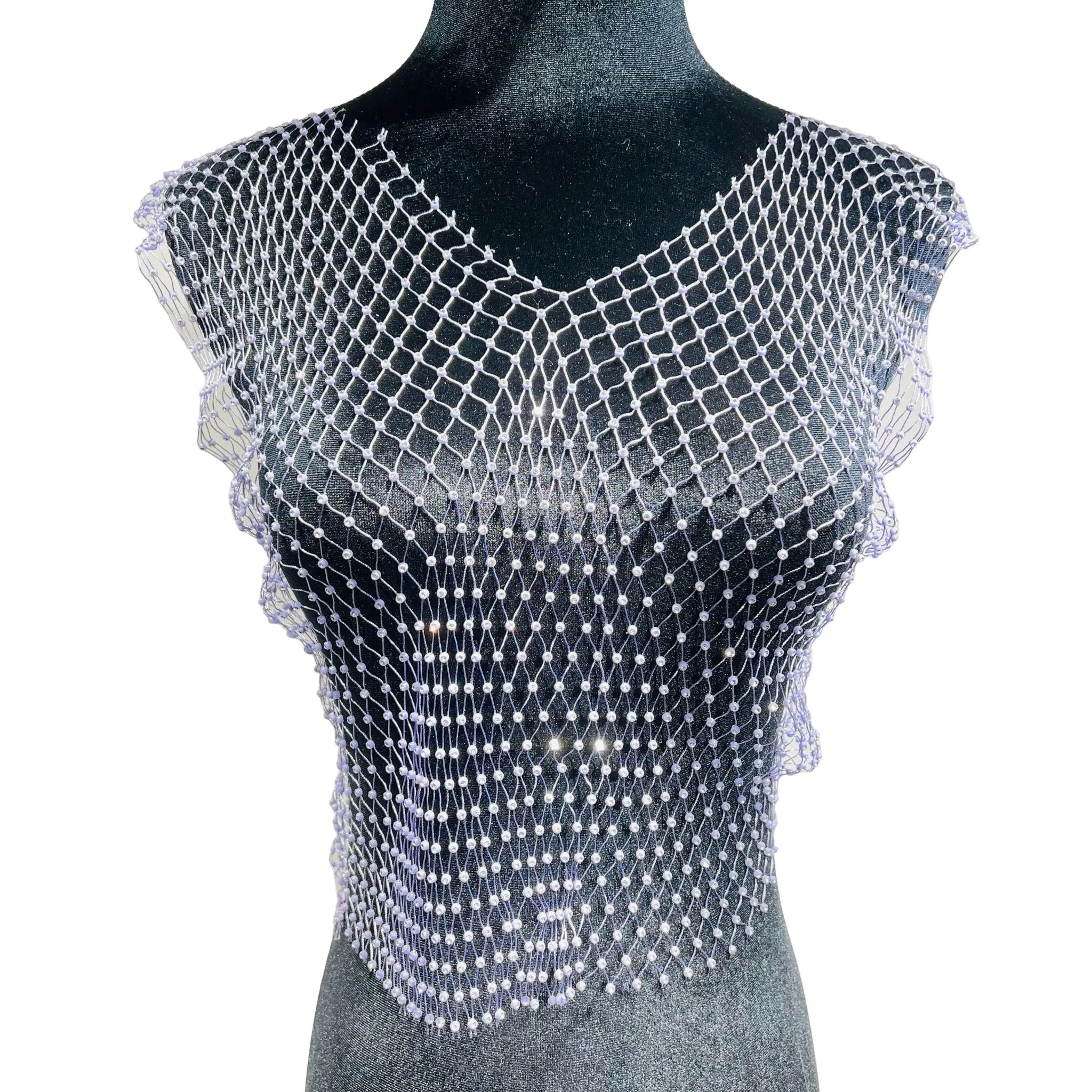 Mesh Crop Top Rhinestones Party See Through Fishnet