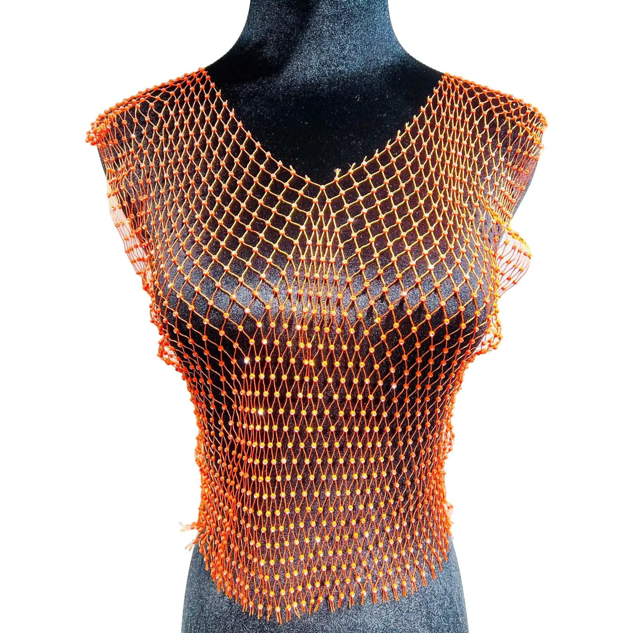 Mesh Crop Top Rhinestones Party See Through Fishnet