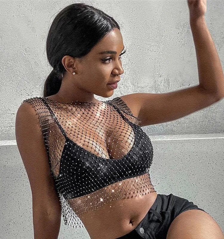 Mesh Crop Top Rhinestones Party See Through Fishnet