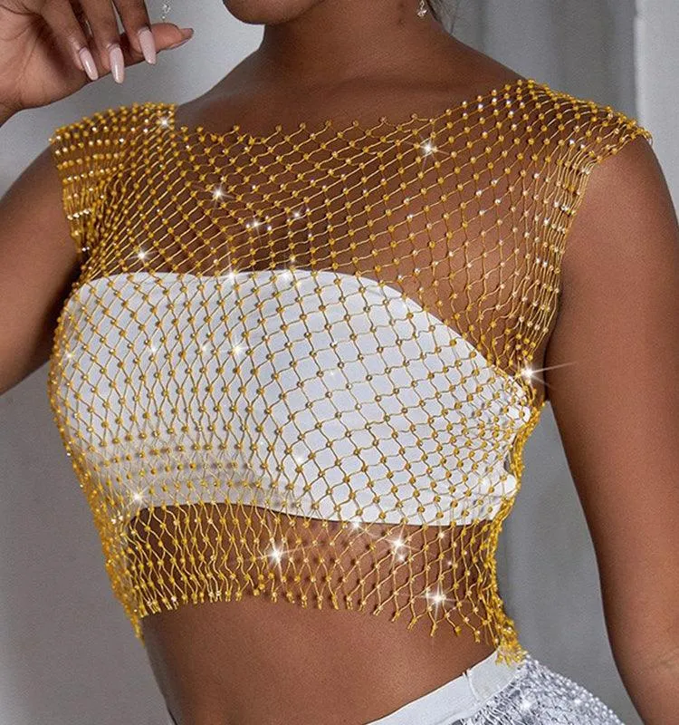 Mesh Crop Top Rhinestones Party See Through Fishnet