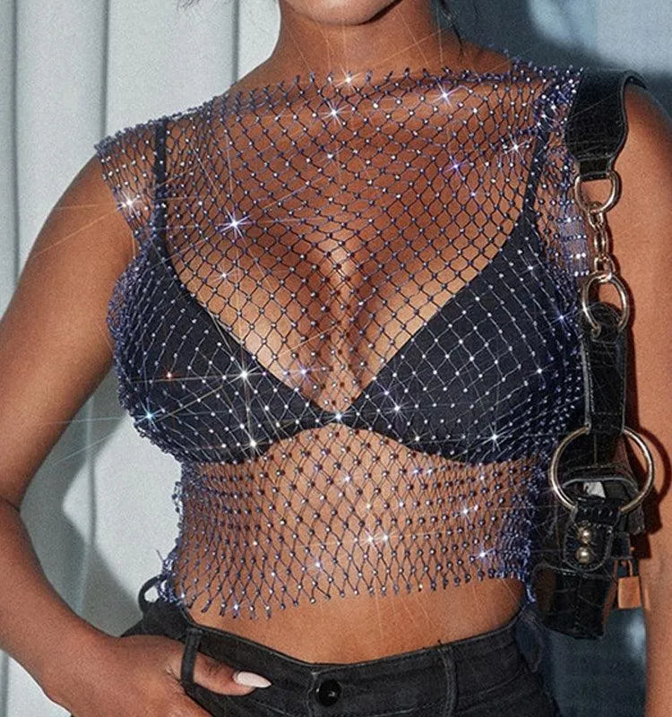 Mesh Crop Top Rhinestones Party See Through Fishnet