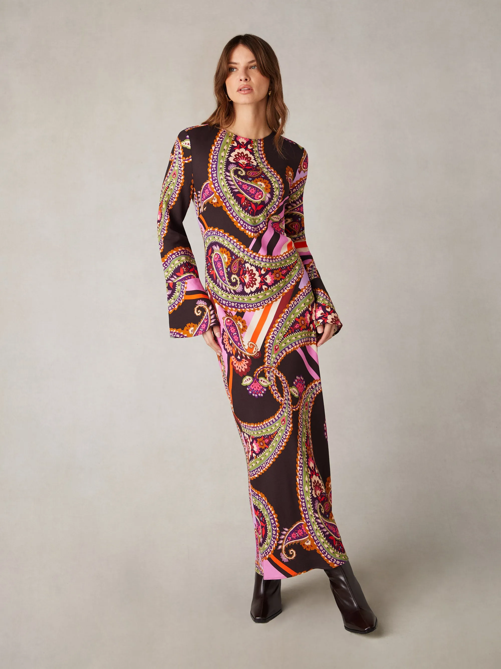 Multi Paisley Print Flute Sleeve Maxi Dress