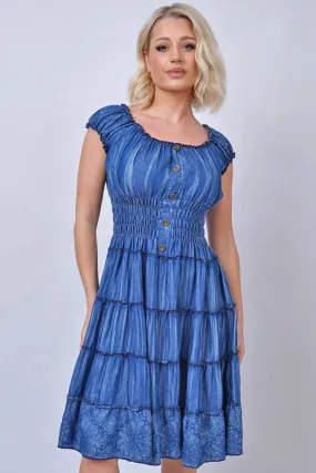 Paisley Print Shirred Waist Tiered Denim Cotton Dress