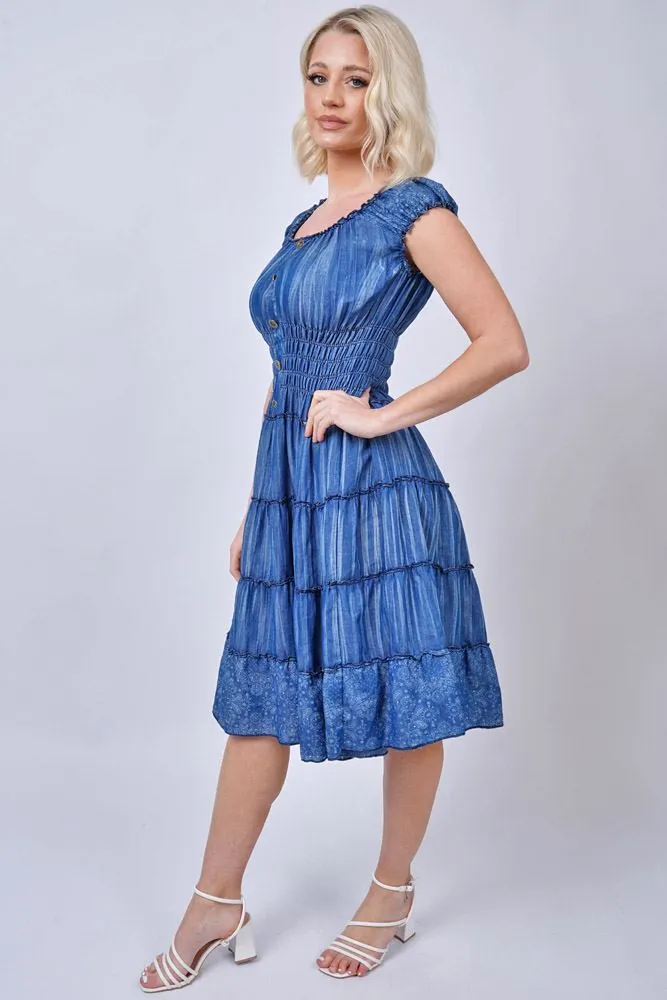 Paisley Print Shirred Waist Tiered Denim Cotton Dress