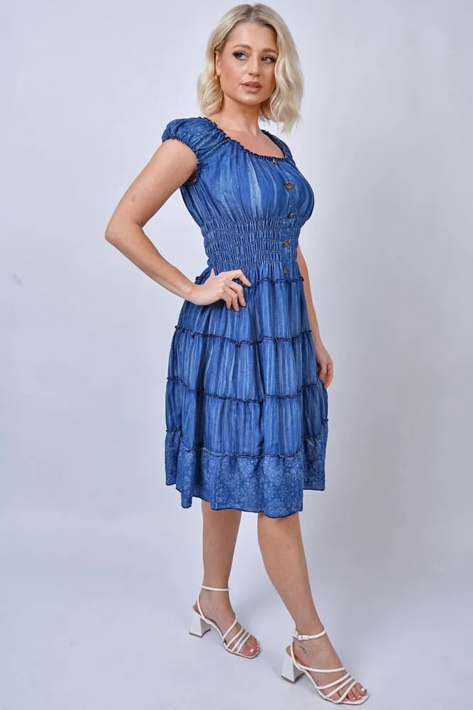 Paisley Print Shirred Waist Tiered Denim Cotton Dress