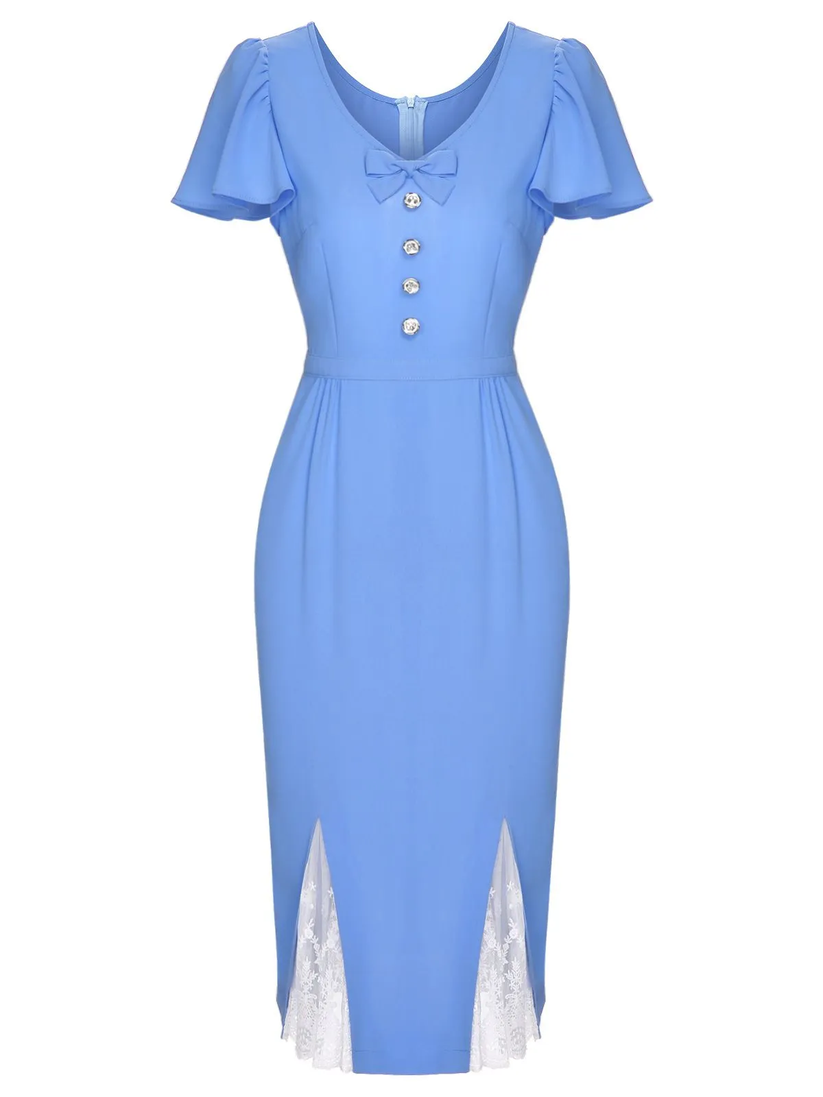 [Pre-Sale] Blue 1960s Lace Patchwork V-Neck Dress