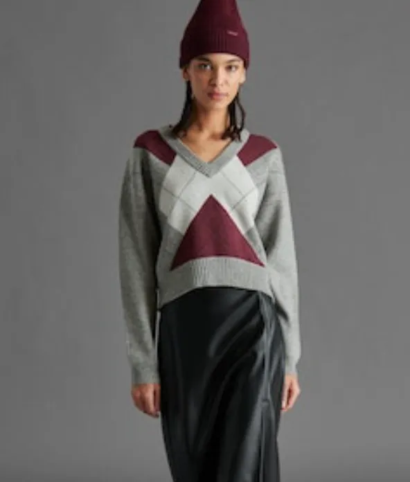 Steve Madden Argyle V Neck Houston Long Sleeve Knit Sweater