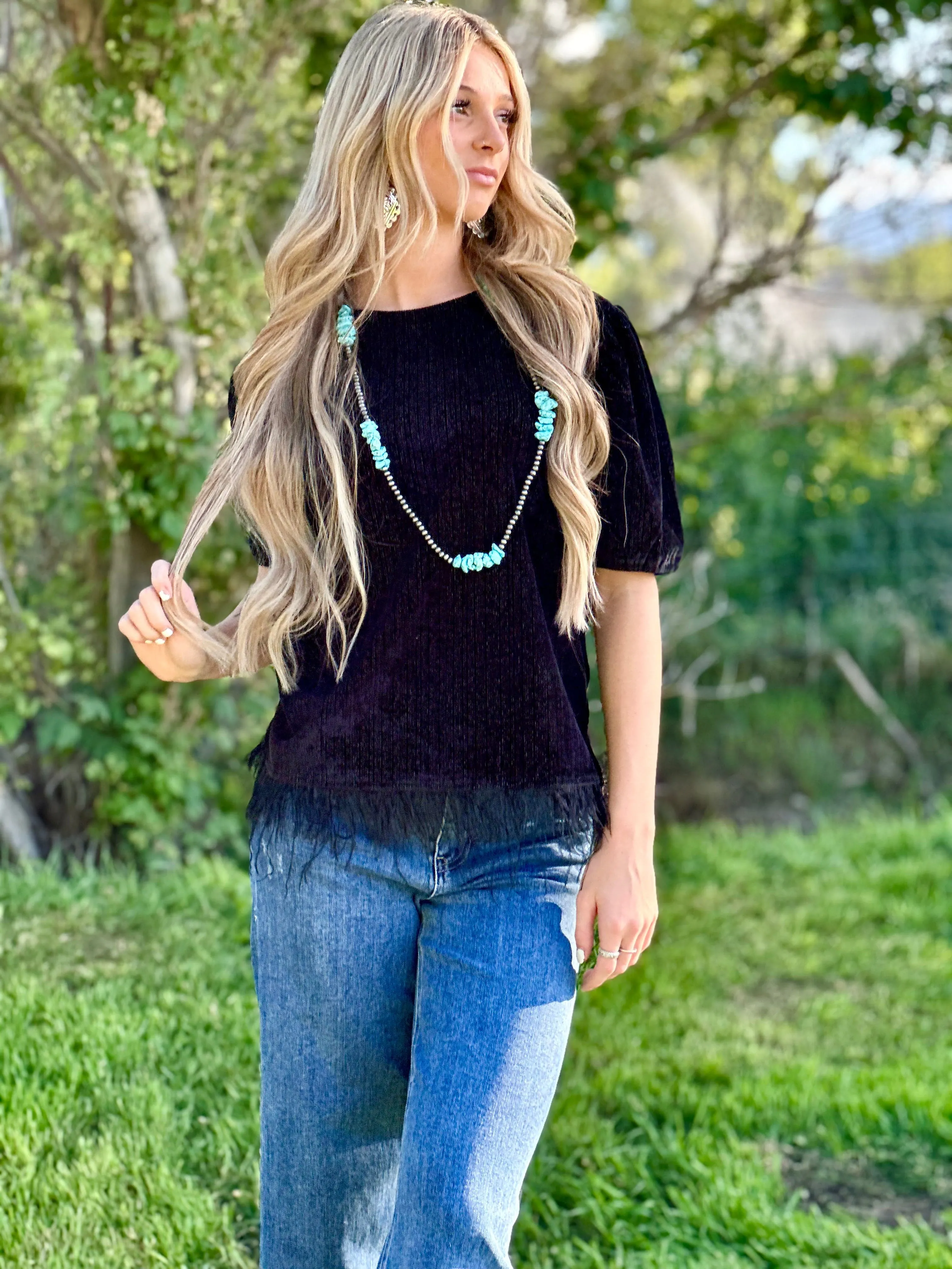 The 5th Round Black Sparkly Velvet Feather Top