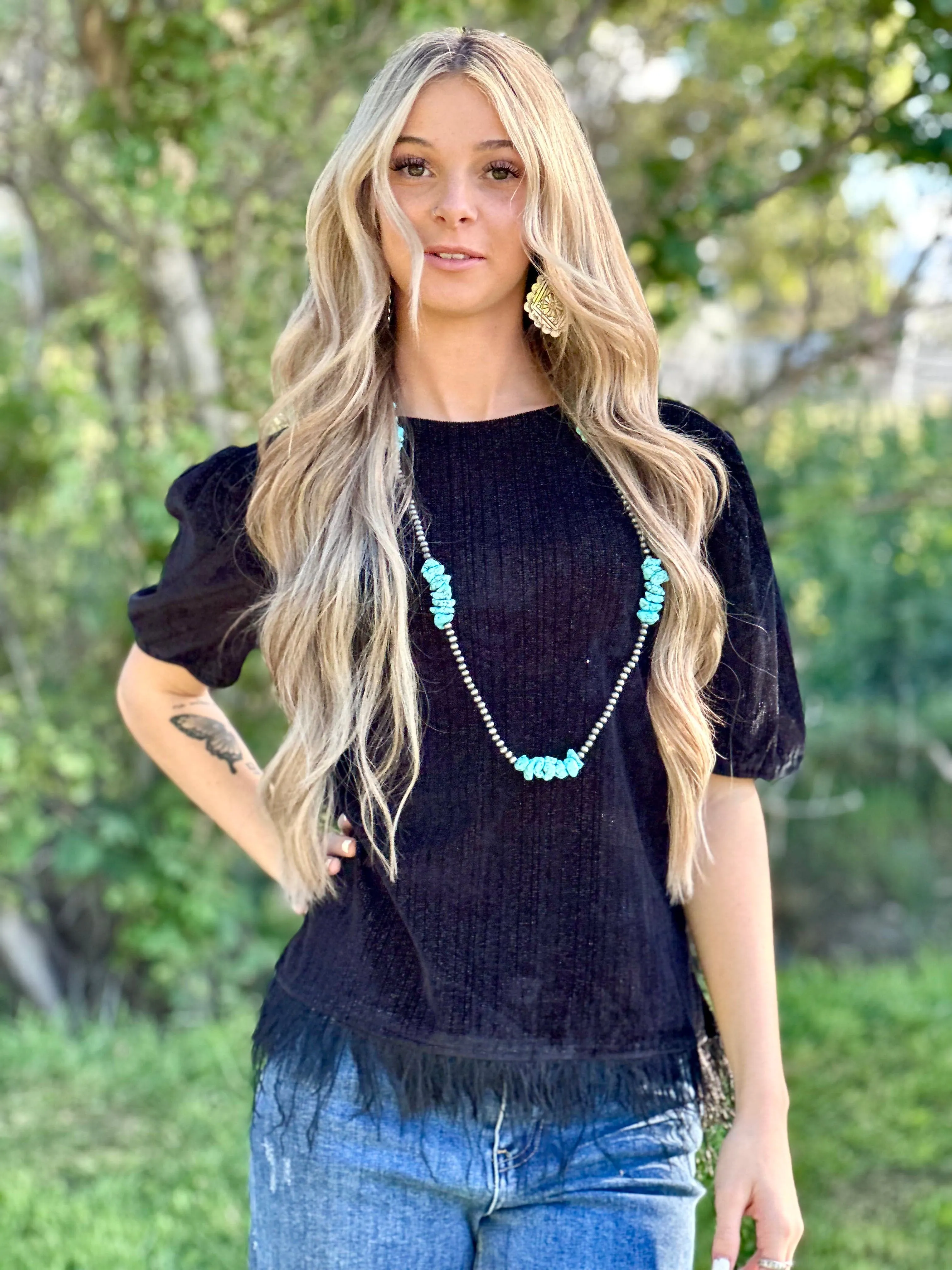 The 5th Round Black Sparkly Velvet Feather Top