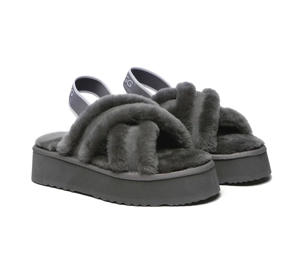 UGG Slides Women High Platform Cross-Over Fluffy Sandals Aditi