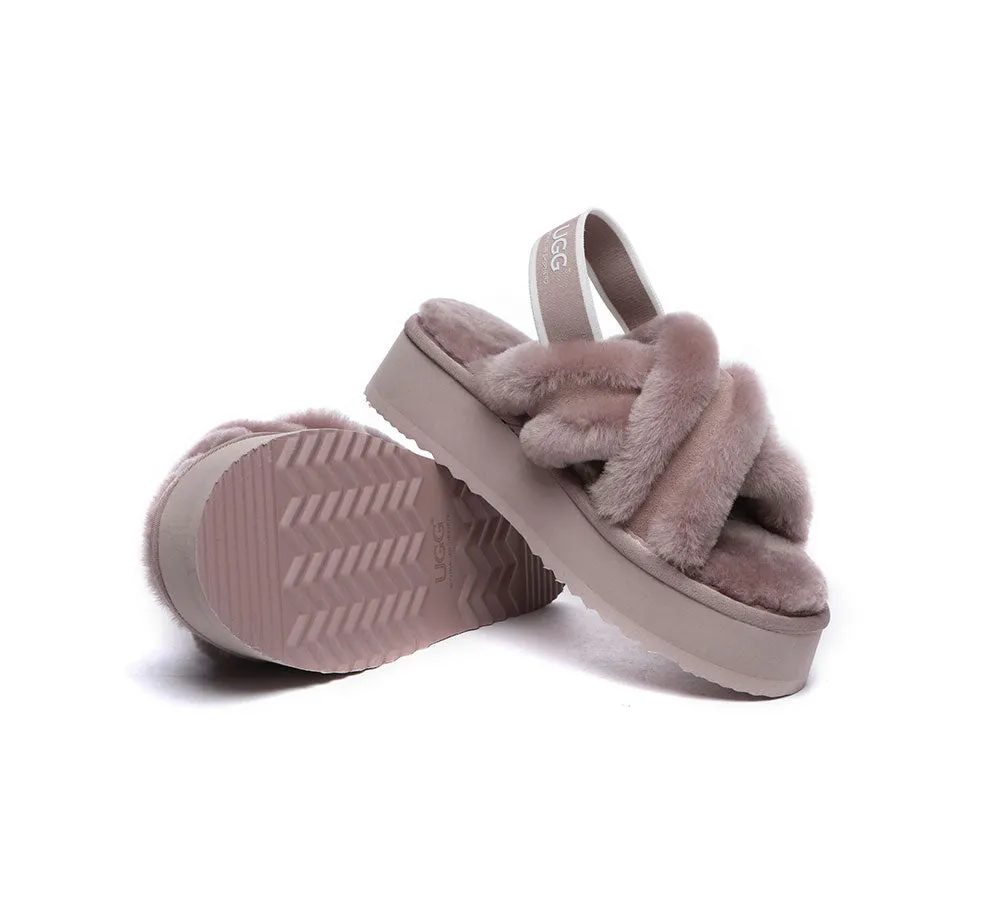 UGG Slides Women High Platform Cross-Over Fluffy Sandals Aditi