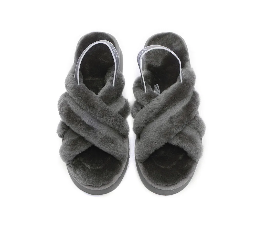 UGG Slides Women High Platform Cross-Over Fluffy Sandals Aditi