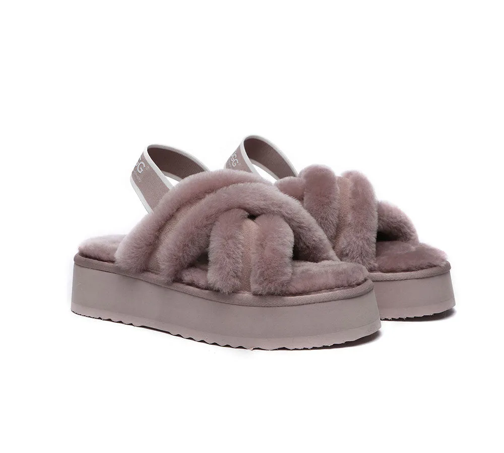 UGG Slides Women High Platform Cross-Over Fluffy Sandals Aditi