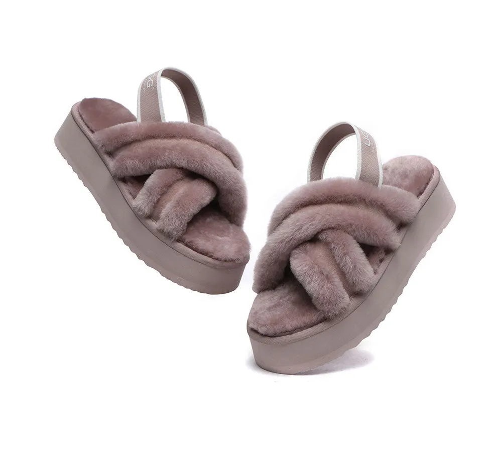 UGG Slides Women High Platform Cross-Over Fluffy Sandals Aditi