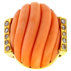 Vintage Carved Coral & Diamond Ring