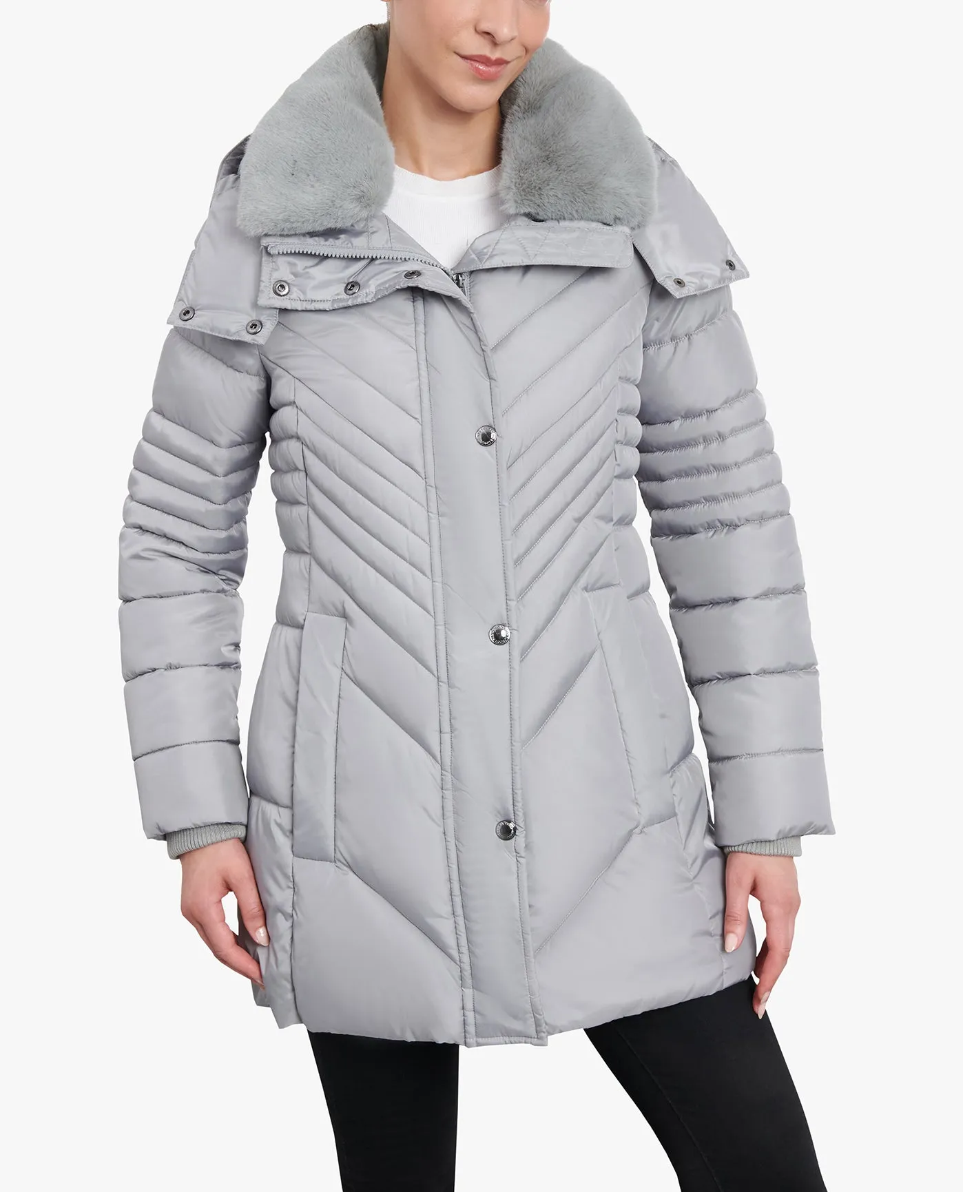 ZIP-FRONT HOODED PUFFER JACKET WITH BUTTON-OFF FUR COLLAR